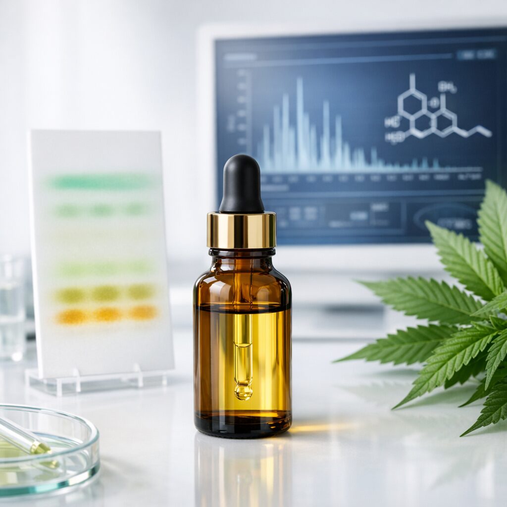 CBD-Mundpflegeöl in Braunglasflasche mit wissenschaftlichen Analysegeräten im Hintergrund